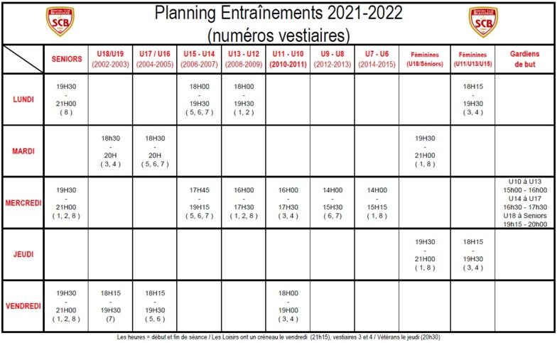 Planning entraînements 2021-2022