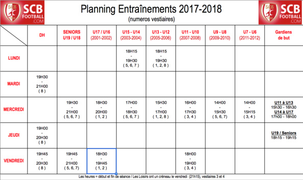 Planning entrainement 2017-2018