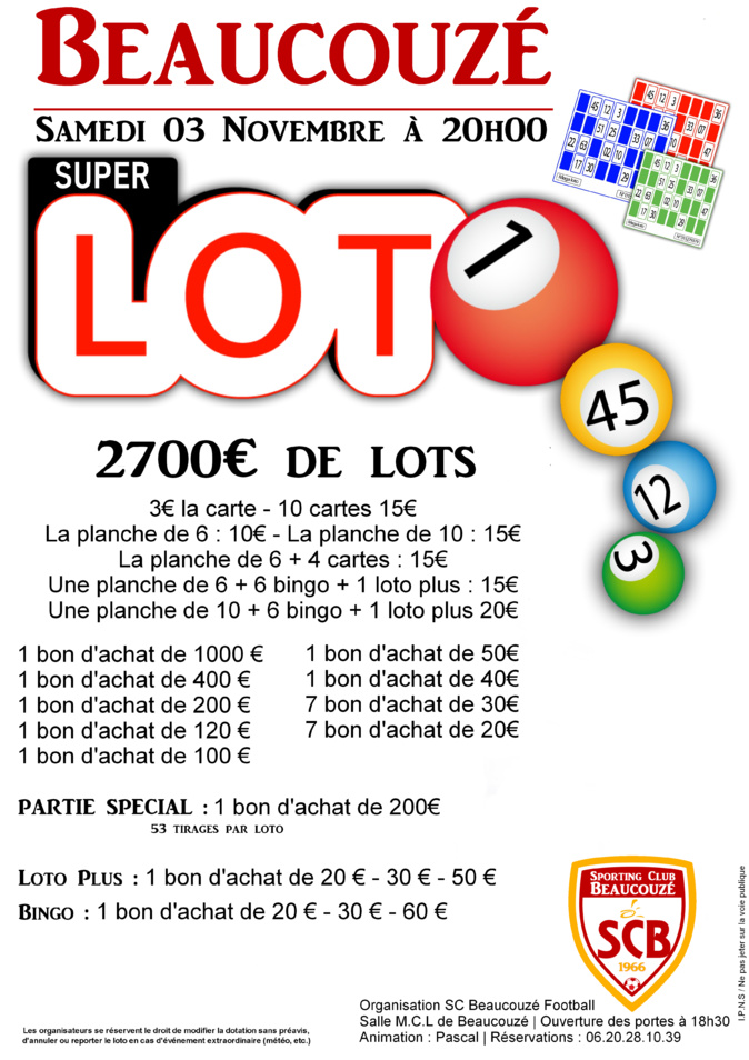 Le loto du SCB samedi 3 novembre 2018 Le loto du SCB samedi 3 novembre 2018