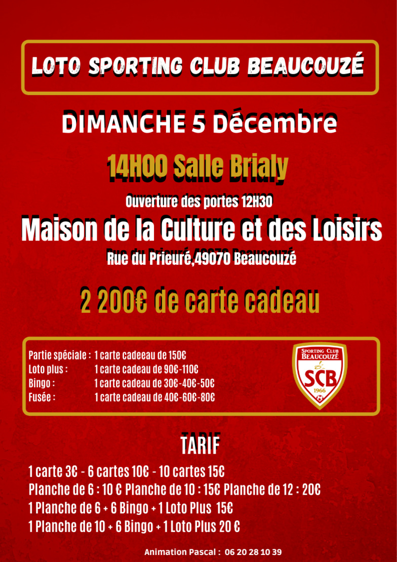 Dimanche 5 décembre, le club organise un loto ! Dimanche 5 décembre, le club organise un loto !