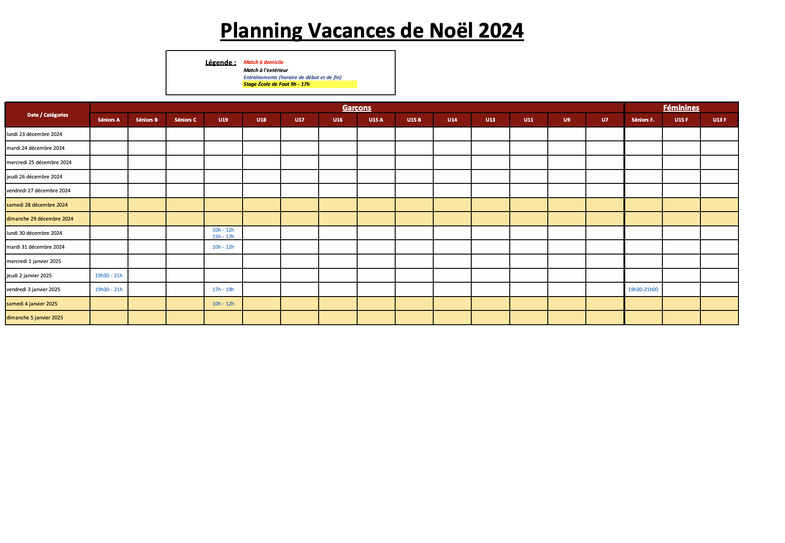 Planning des Vacances : Retrouvez les Entraînements Prévus ! Planning des Vacances : Retrouvez les Entraînements Prévus !