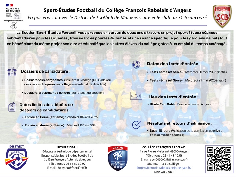 Informations Section Sport-Études du Collège Rabelais d’Angers Informations Section Sport-Études du Collège Rabelais d’Angers