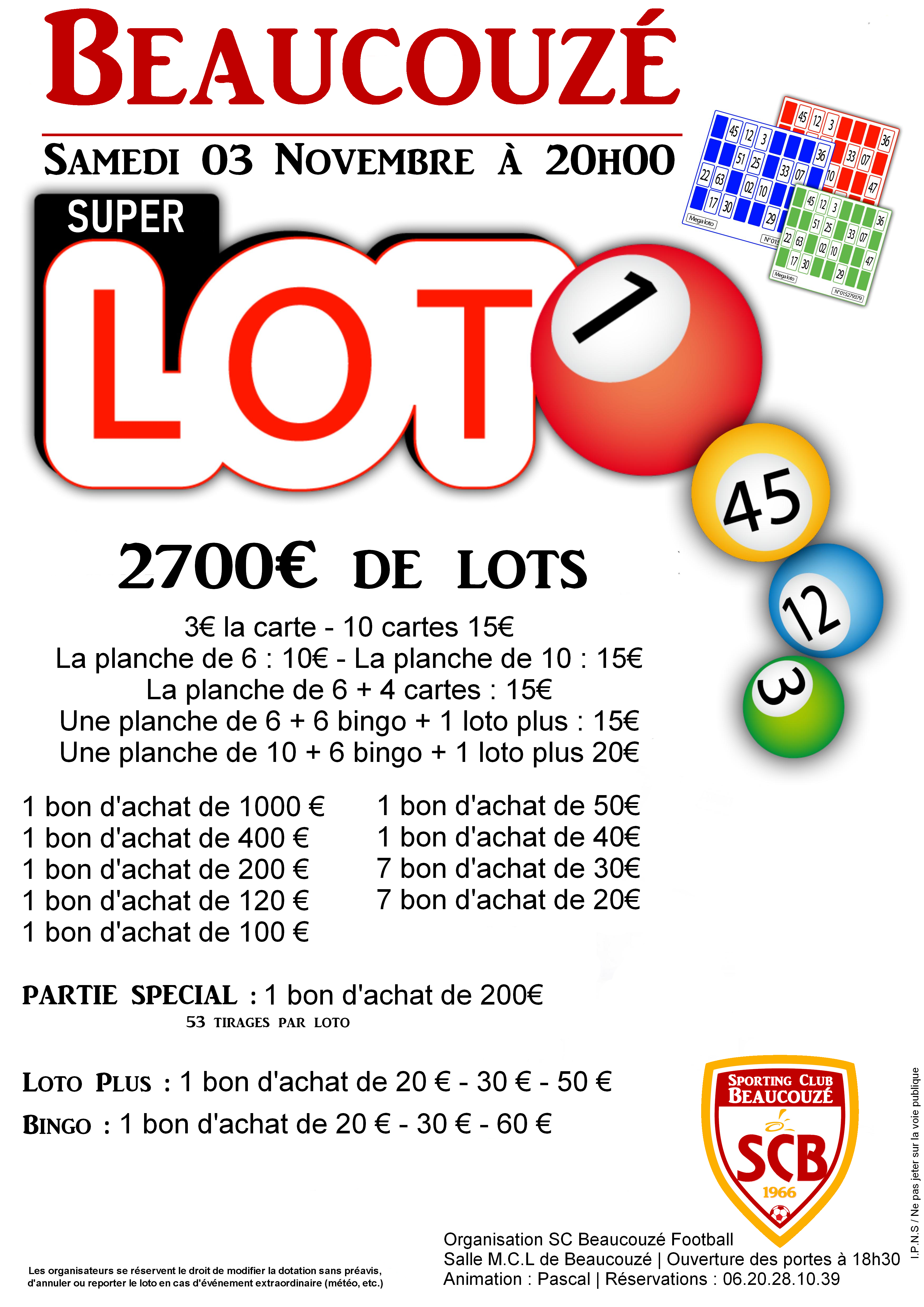 Le loto du SCB samedi 3 novembre 2018