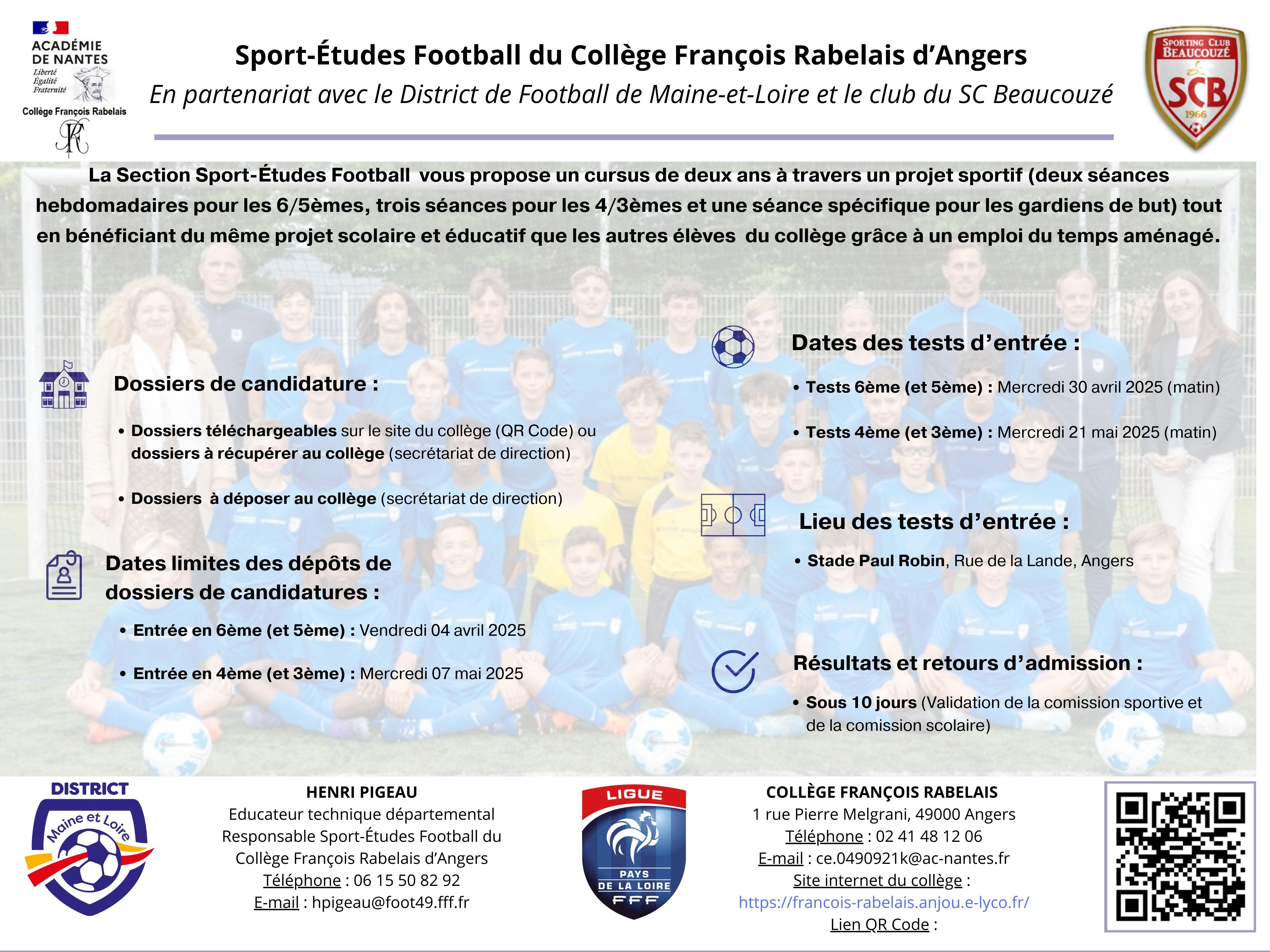 Informations Section Sport-Études du Collège Rabelais d’Angers
