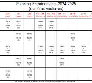 Planning entraînements 2024-2025