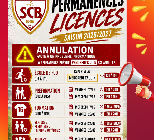 ⚠️⚠️⚠️⚠️ Annulation de la permanence des licences du 12 JUIN ! ⚠️⚠️⚠️⚠️